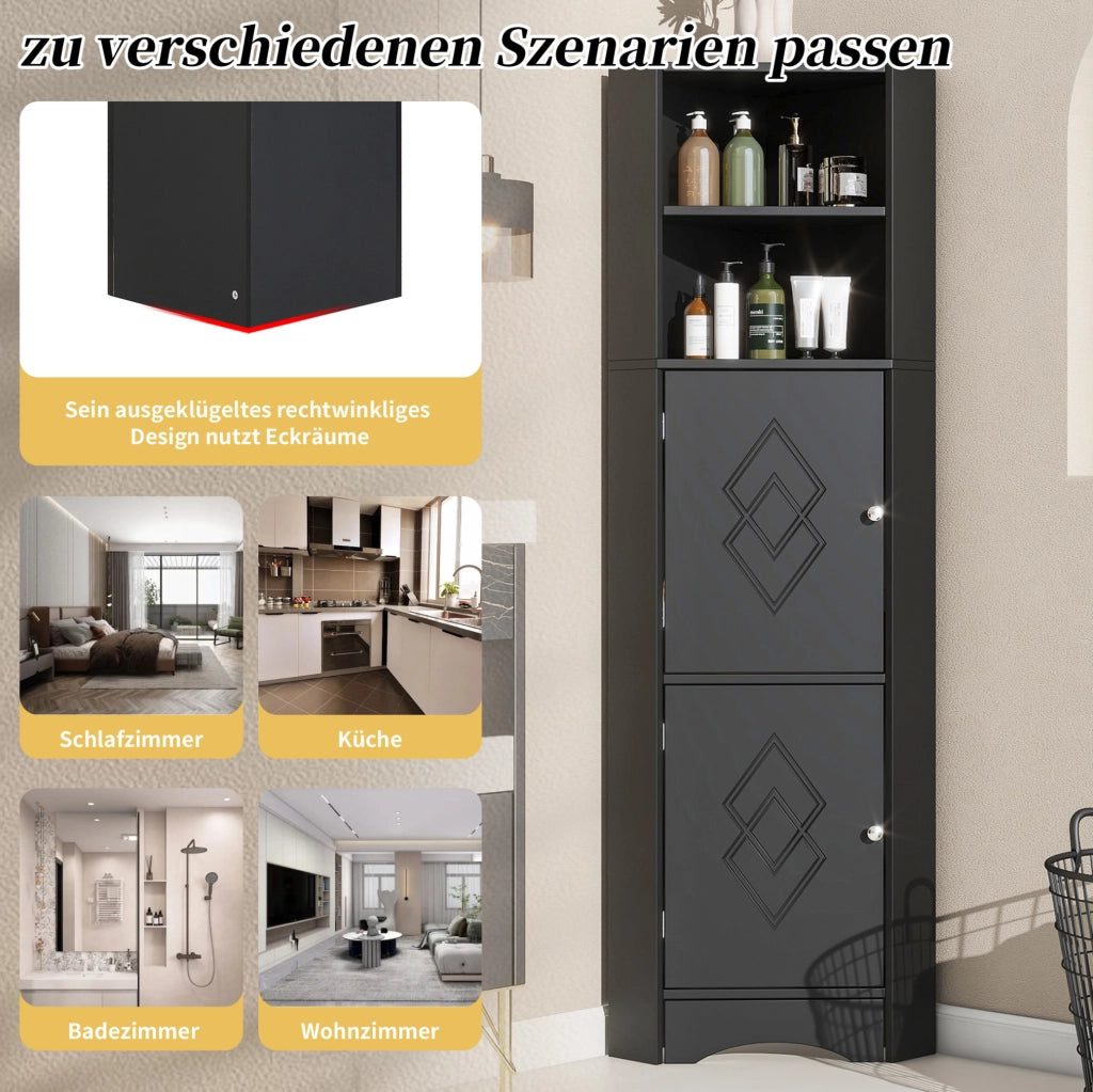 Mobile angolare da bagno con vano aperto e ante decorate; nero in truciolare