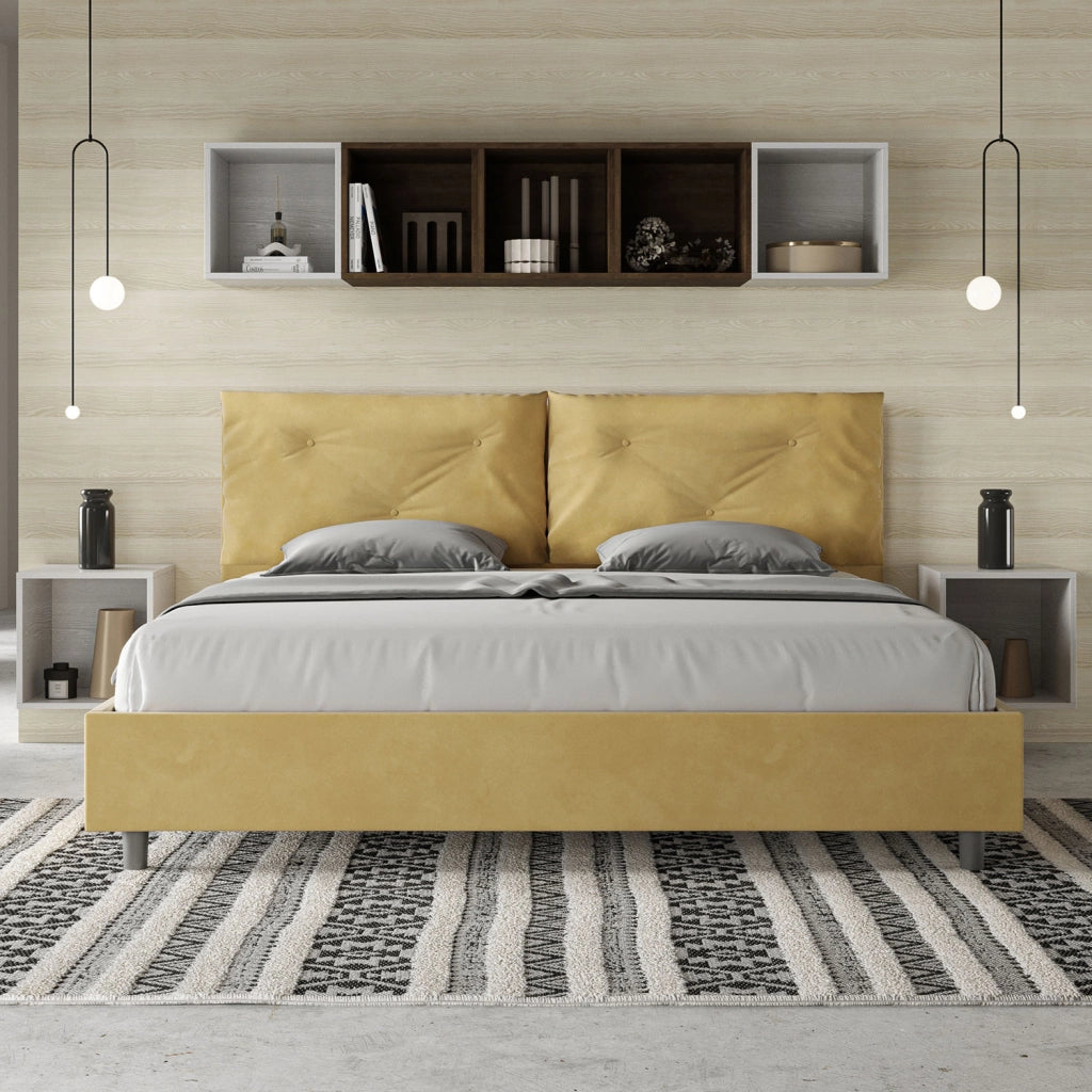 BS COM Letto matrimoniale king size con rete imbottito 190x200 microfibra ocra Large