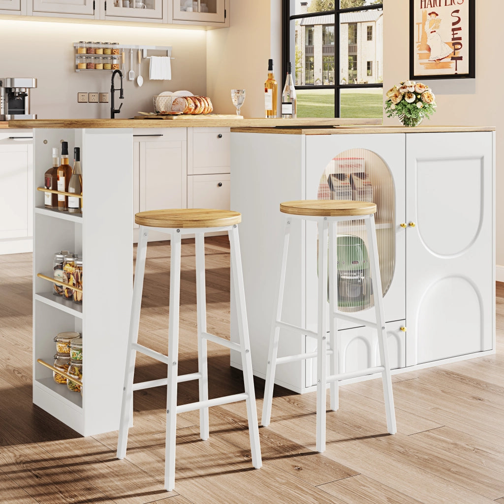 Sgabello da bar set da 2 con seduta effetto legno e piedi regolabili in metallo bianco moderno per isola cucina