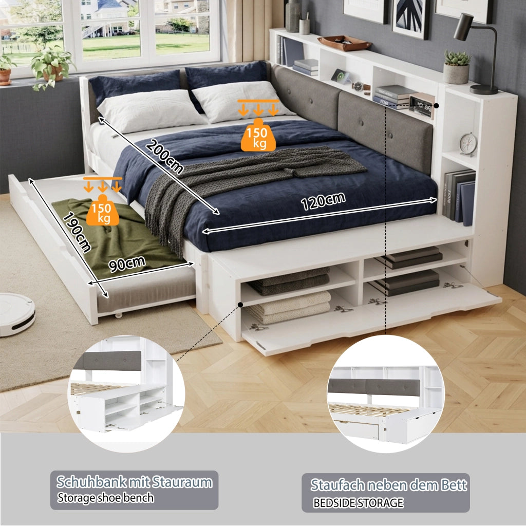 Letto in legno con letto estraibile e scrivania, 120x200+90x190 cm, bianco