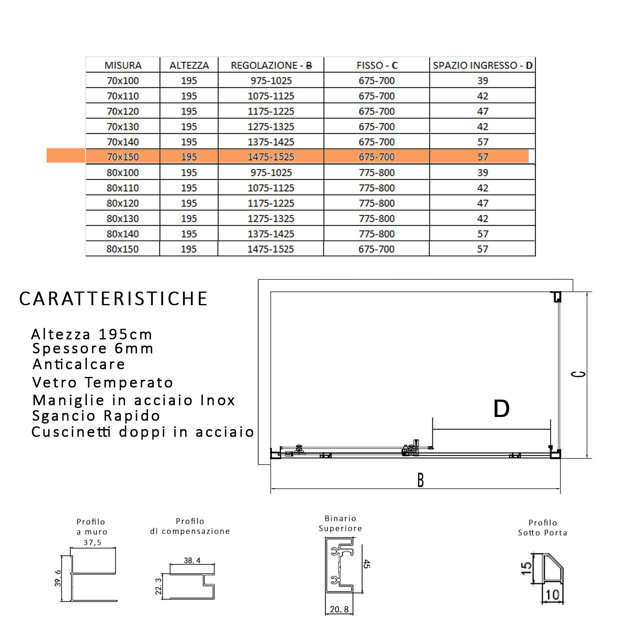 Box Doccia Angolare 70x130 cm 1 Anta Scorrevole in Cristallo Trasparente 6mm H195 Bonussi Eliane