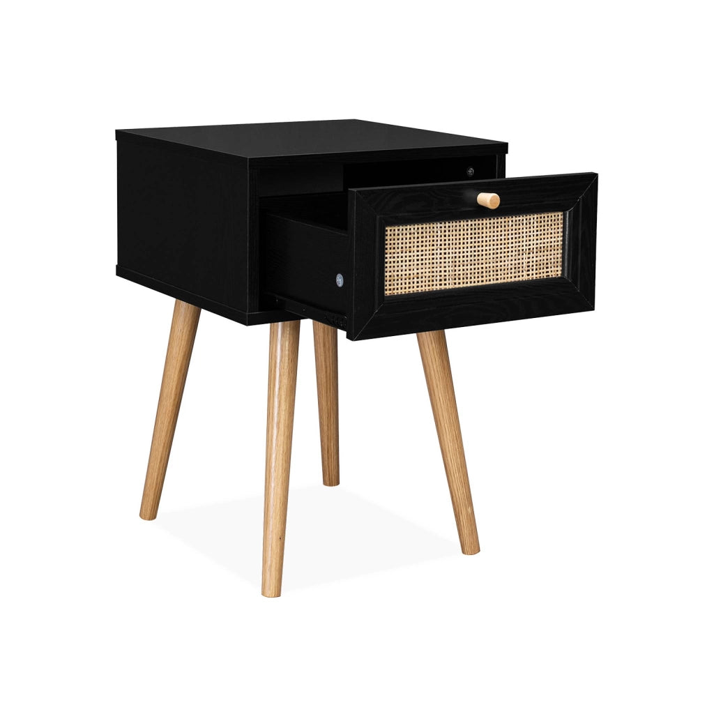 Comodino effetto legno e intrecciatura cannage, 1 cassetto, nero