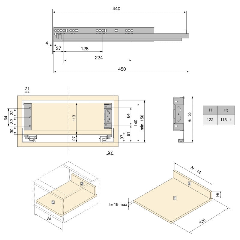Cassetto esterno Simplex 25 kg, altezza 122 mm, profondità 440 mm, Acciaio, Grigio antracite