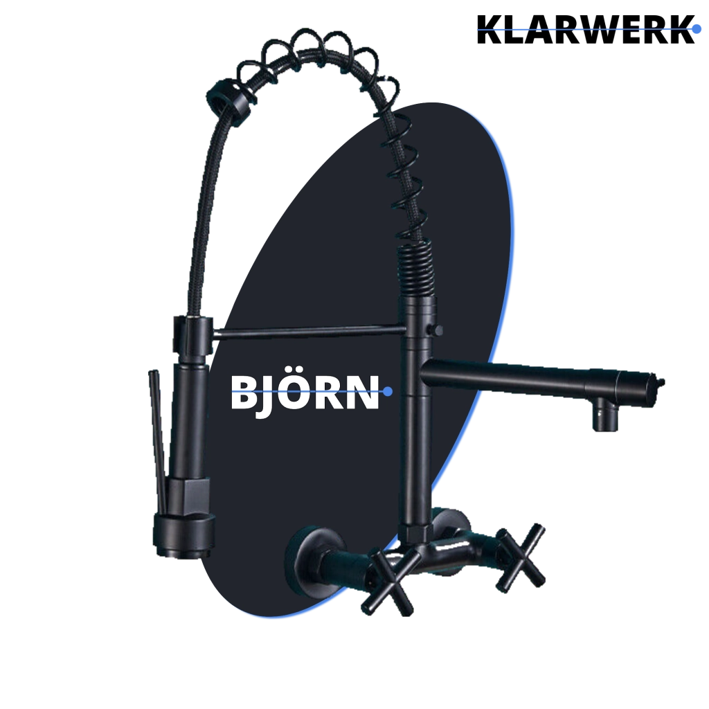 Björn |Rubinetto gastronomico a parete nero opaco|professionale da cucina in acciaio inox a due getti|Rubinetto doppio per lavello ristorante a parete