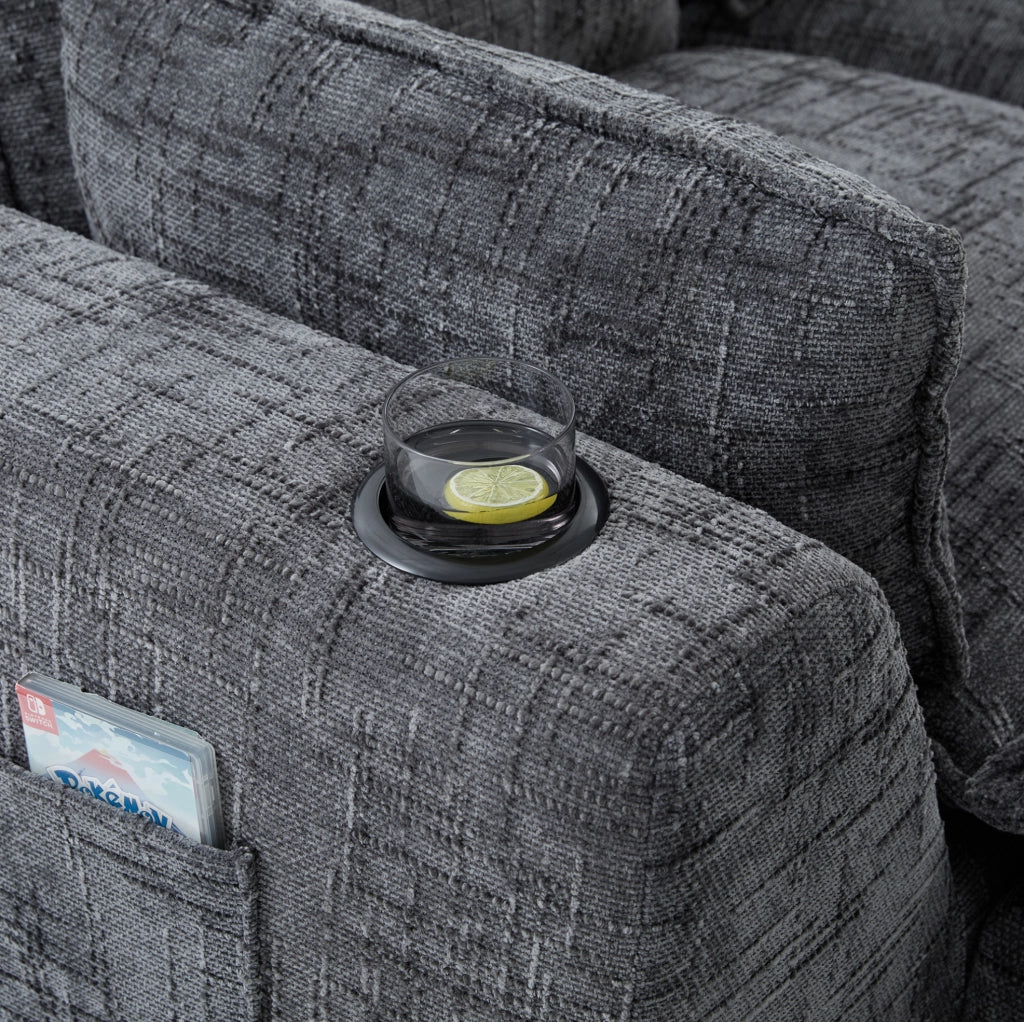 Divano modulare 3 posti con pouf; tasche laterali e cuscini; in chenille grigio scuro 256x161x75 cm