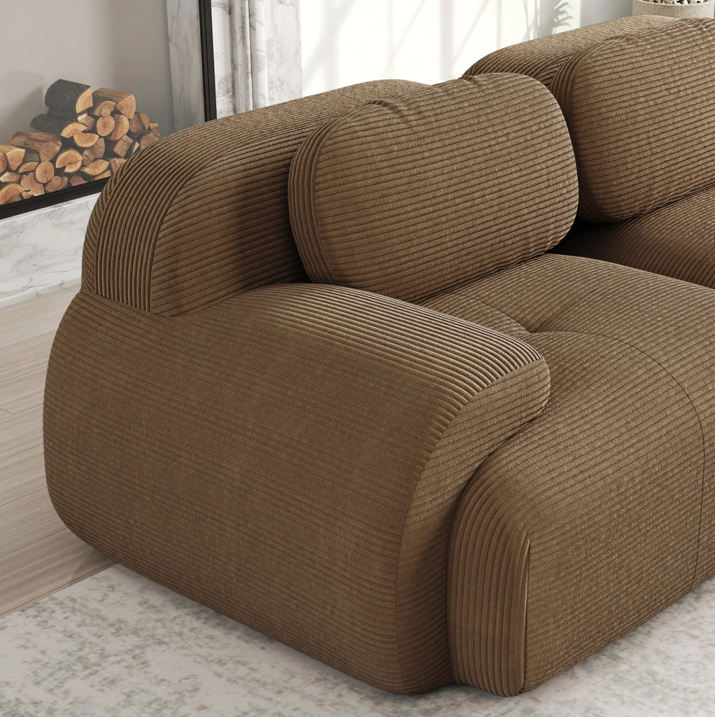 Divano angolare modulare senza montaggio in velluto a coste marrone; design ergonomico