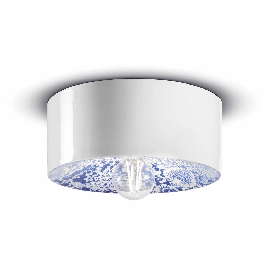 Plafoniera Media Vintage Decò Pi Ceramica Ming Blu 1 Luce E27