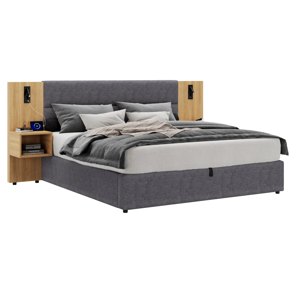 OKWISH Letto Contenitore 160×200 cm, Letto Matrimoniale con USB, Tipo C, Illuminazione e 2 Comodini, senza Materasso, in Velluto, Grigio e Naturale
