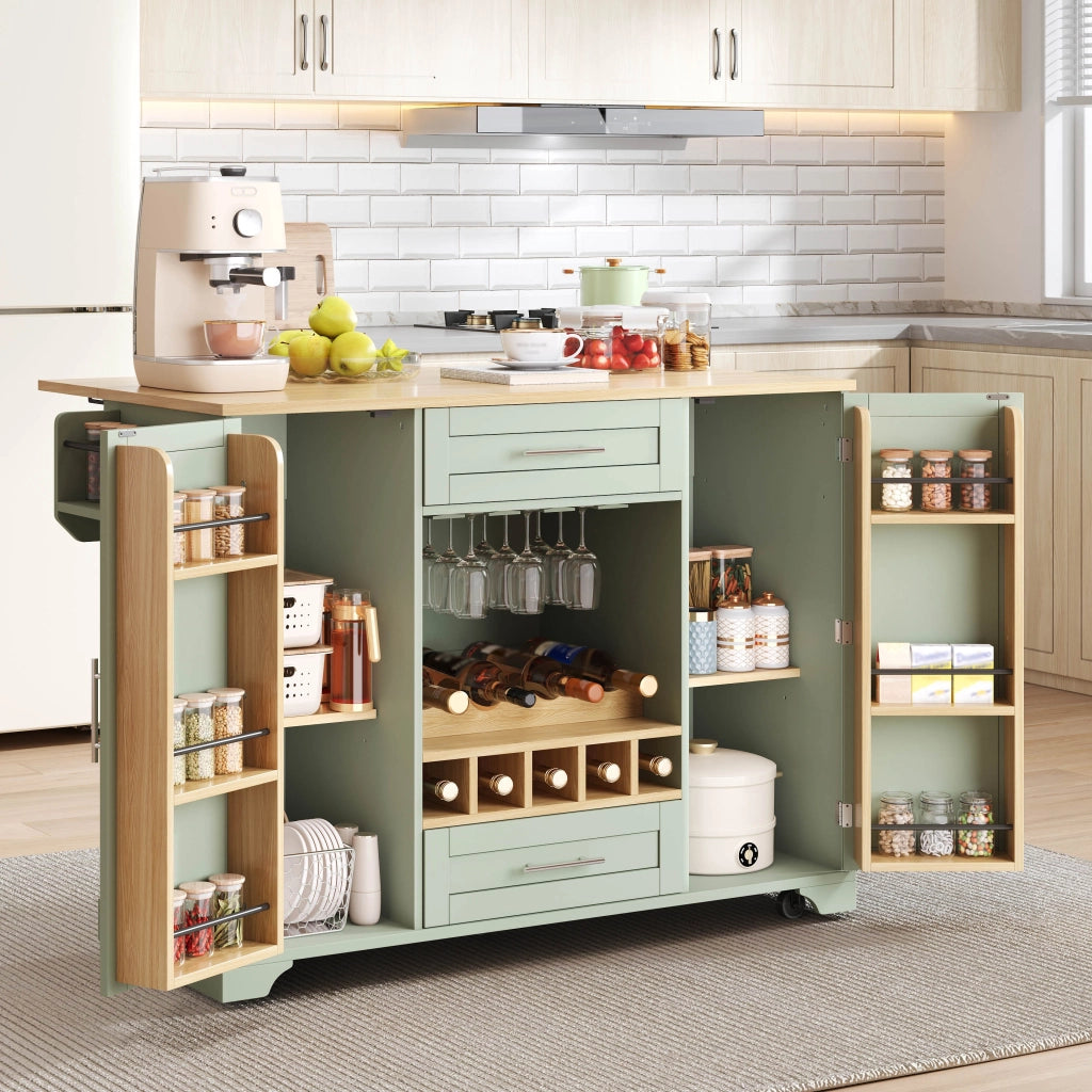 Carrello da cucina con piano ribaltabile, portabottiglie, portabicchieri, portaspezie e porta asciugamani, 138x45/70x92 cm, verde