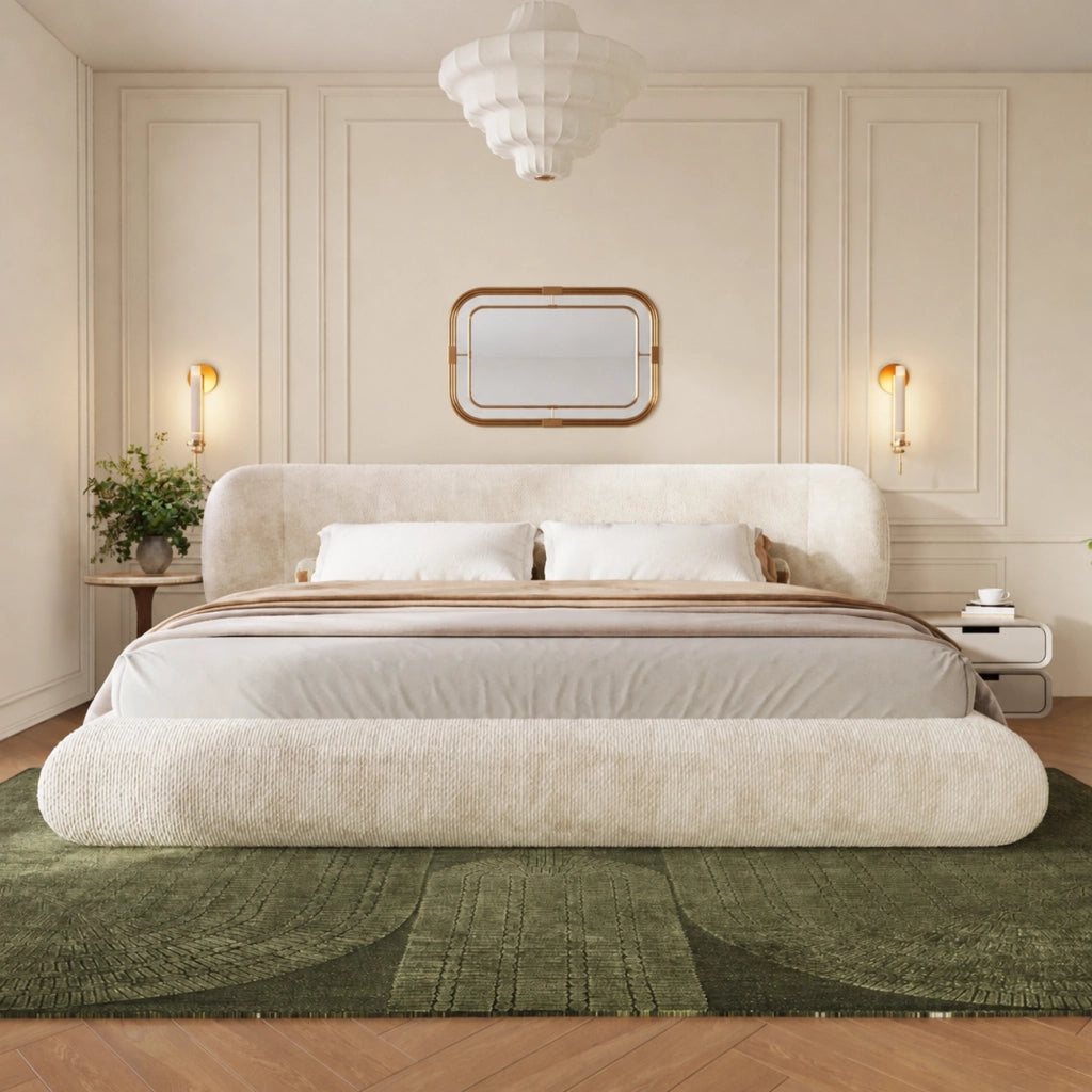 Letto imbottito 180x200 cm con testiera e rete a doghe in ciniglia beige