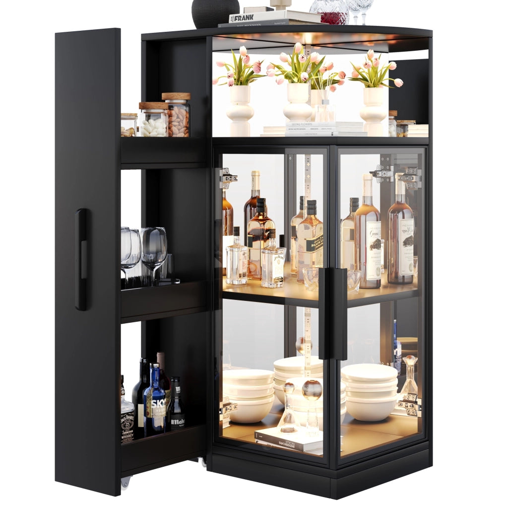 Vetrina 64x42x112 cm con LED multicolore e mobile laterale estraibile; vetro e truciolare nera
