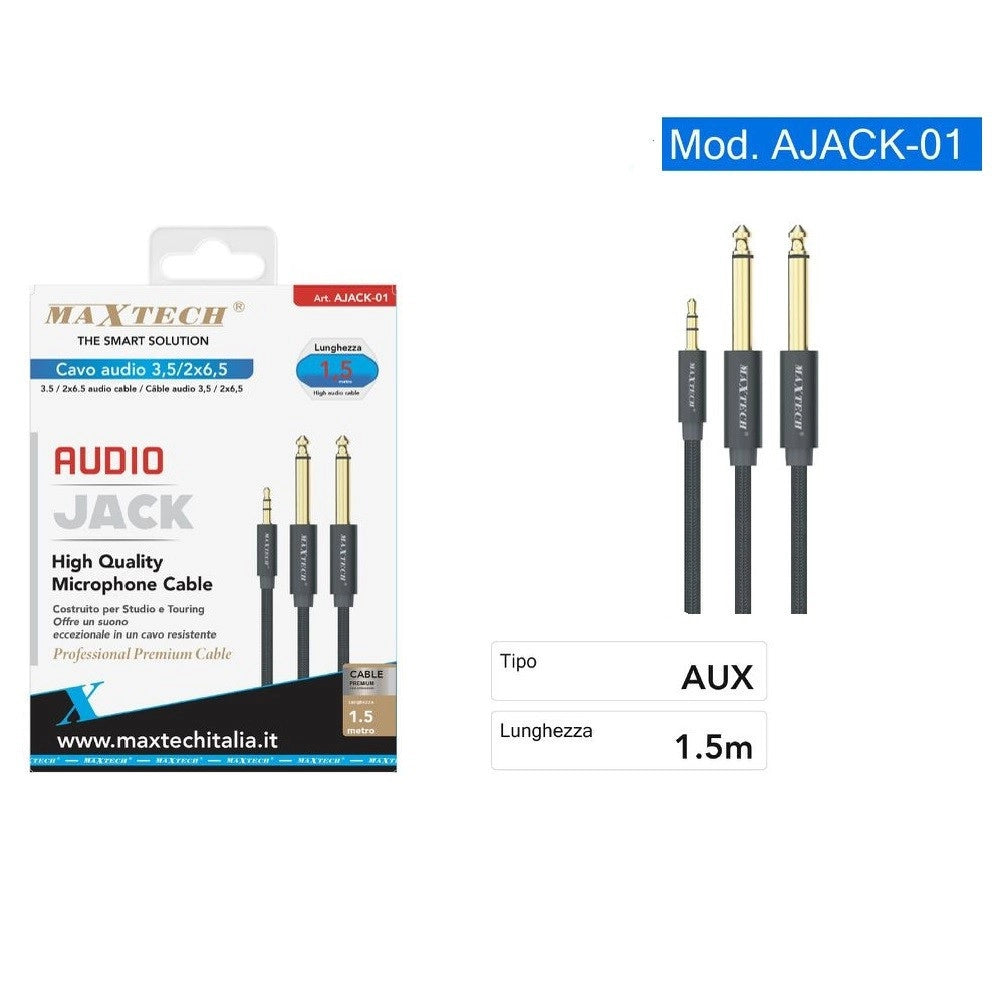 Trade Shop - Cavo Audio Aux 3.5mm Maschio A Doppio Cavo Jack 6.5mm Maschio Mono Ajack-01 1.5mt -