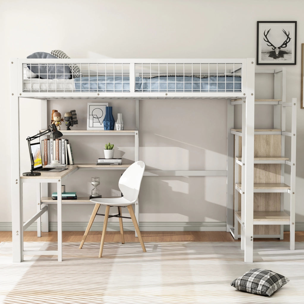 Letto a soppalco 140x200 cm con scrivania e armadio, bianco