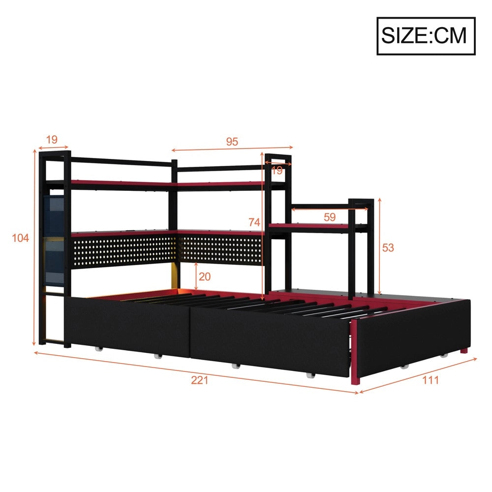 Letto Gaming con Cassetti, LED e Scaffali ¨C Xylo ¨C Metallo, Nero