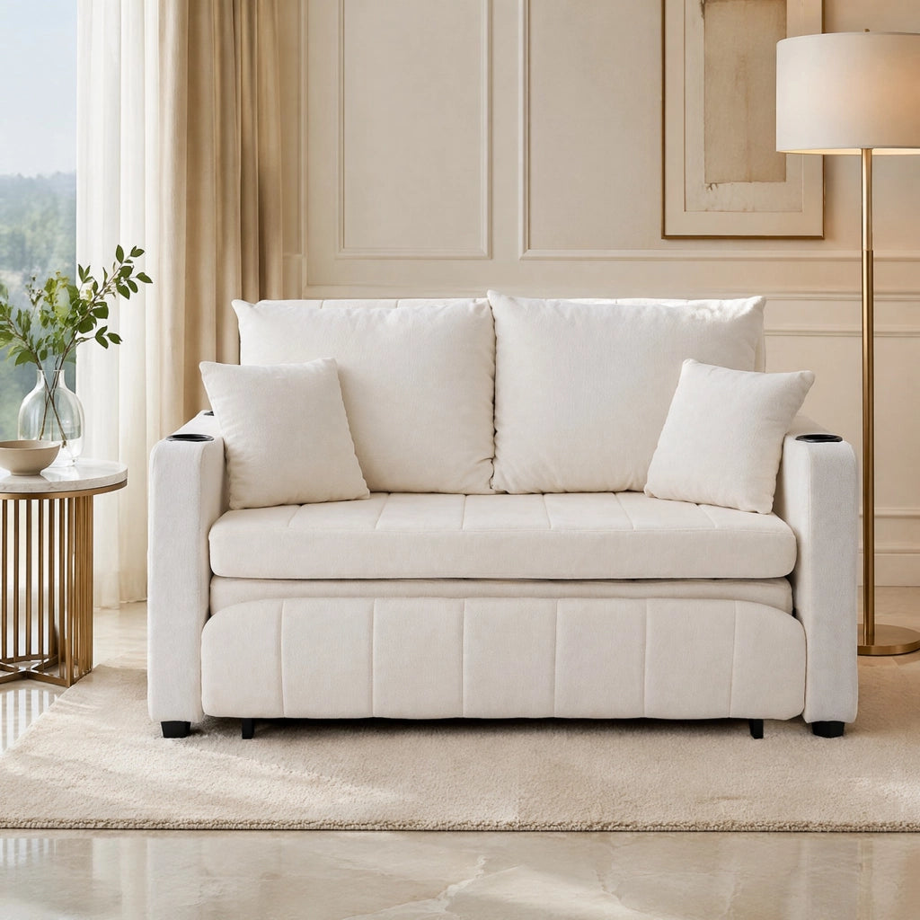 Divano letto multifunzione in ciniglia beige; convertibile; 139x83x58 cm