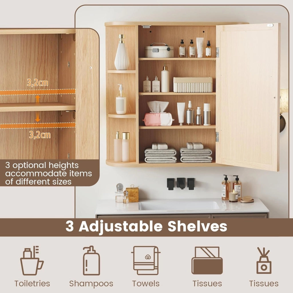 Armadietto Bagno a Parete, Mobiletto Pensile in Legno con Ante di Specchio, 6 Scomparti Laterali e 4 Ripiani di Stoccaggio, 3 Colori Disponibili, 65x17x64cm (Naturale)