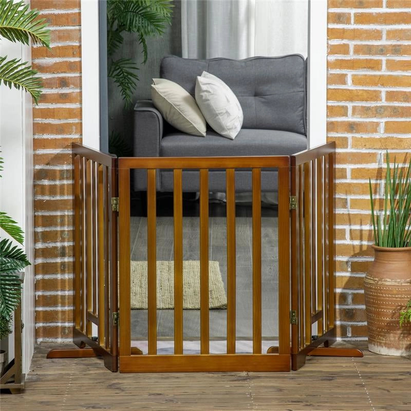 CANCELLINO PER CANI PIEGHEVOLE A 3 PANNELLI CON PIEDINI ANTISCIVOLO PER CORRIDOI, SCALE E STANZE, IN LEGNO DI PINO, 181X35X76 CM, MARRONE SCURO