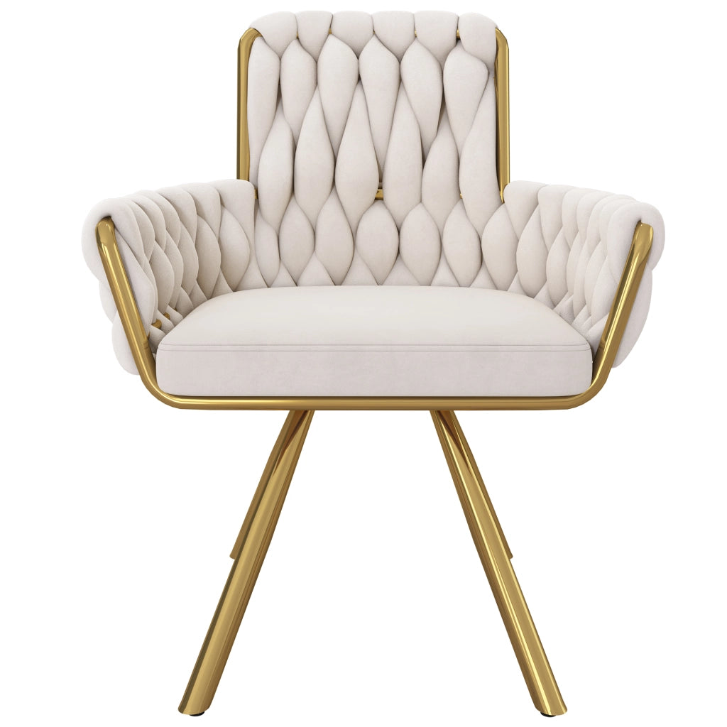 Set 2 sedie da pranzo girevoli in velluto beige con schienale alto, braccioli e struttura in metallo
