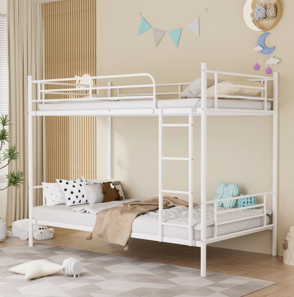 Letto a castello in acciaio bianco 90 x 190 cm con scala e sponde