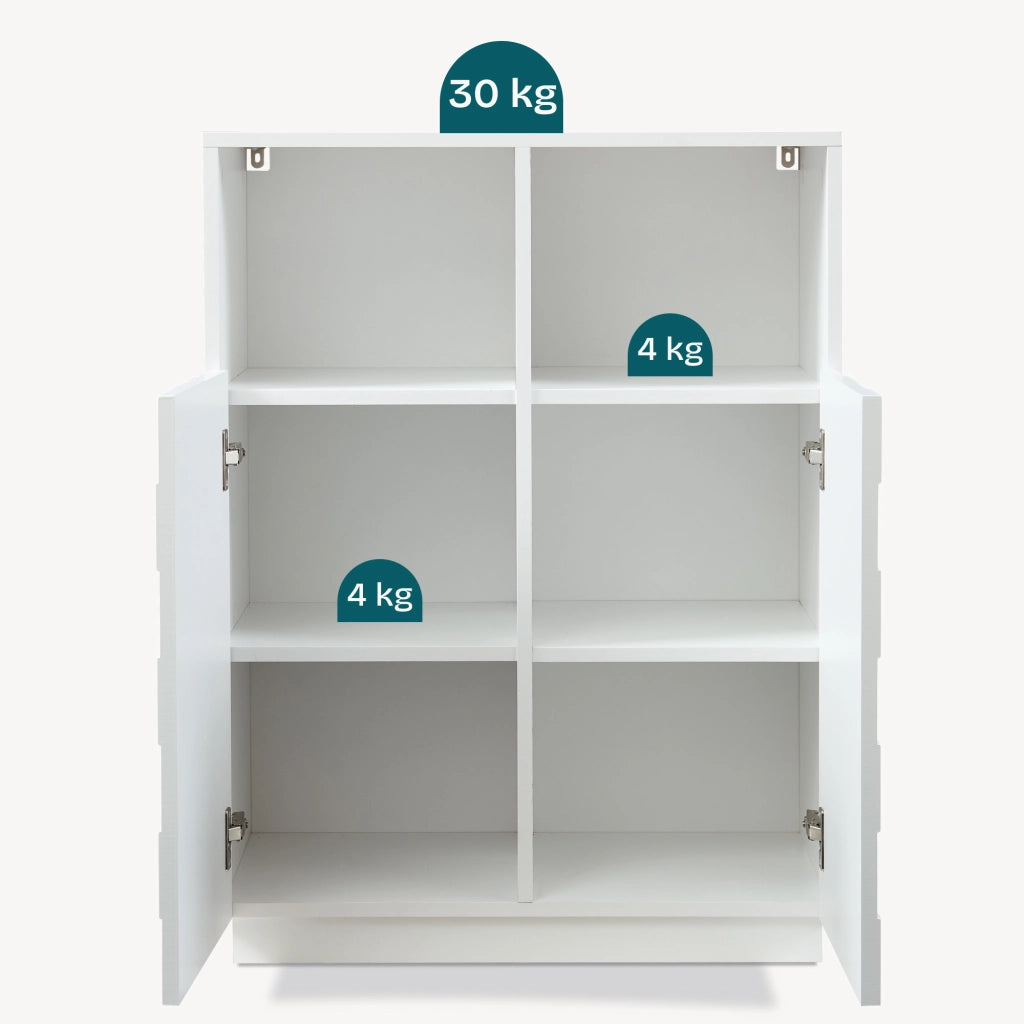 Armadio Comò Alto Bopibobro a 2 Ante Credenza con 2 Ripiani Aperti e 4 Vani Chiusi 86 x 64 x 36 cm - Bianco [en.casa]
