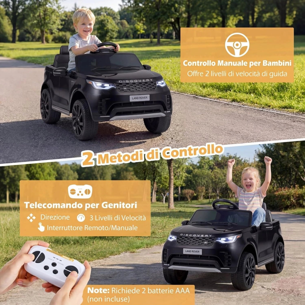 12V Land Rover Macchina Elettrica per Bambini, Auto Cavalcabile con Telecomando e Doppio Motore, Musica Avvio e Arresto Graduali e Ruote Ammortizzanti, per Bambini 3+ Anni (Nero)
