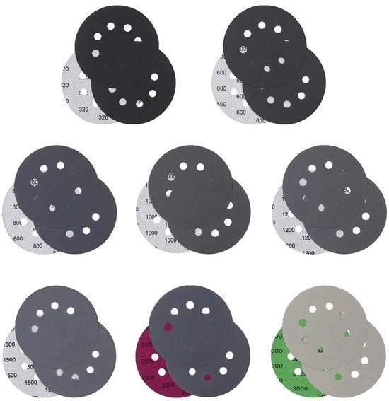 Set di Cartucce per Schiaccianoci 24 pezzi - Dischi per Schiaccianoci 125 mm - 8 Fori - Grana 320/600/800/1000/1200/1500/2000/3000 - Silicato di Carbone di Alta Qualità - Per Auto/Metallo/Legno