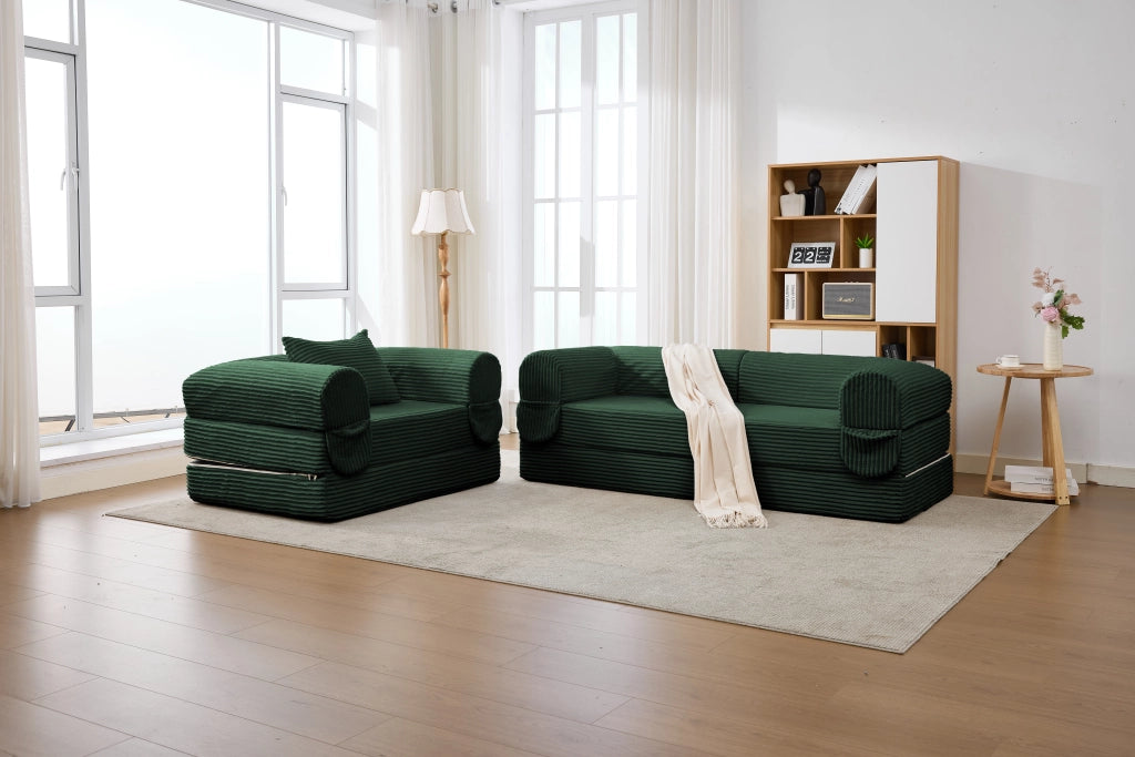 Divano modulare composto da 1 seduta e 2 sedute senza telaio in tessuto a coste con fodere sfoderabili verde