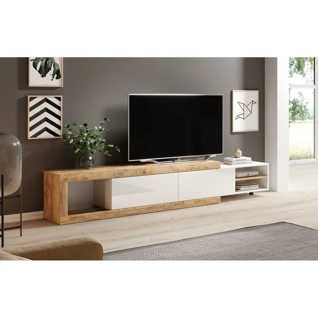 Mobile TV estensibile SINATRA – Rovere e bianco lucido – 2 porte + nicchie – L200 a 240 x H43,4 x P40 cm