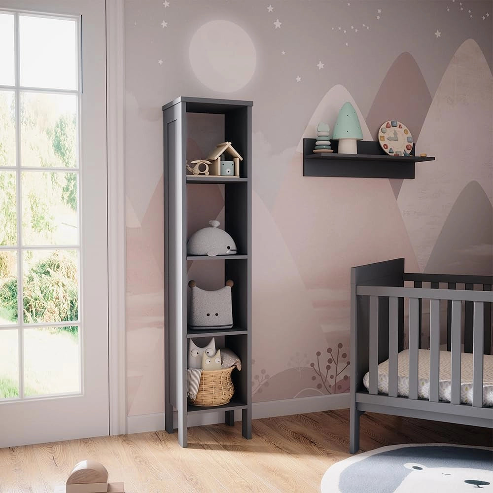 Scaffale per bambini Ajaton, Grigio, 35.2 x 159.5 cm, per riporre giocattoli e libri con scatole pieghevoli