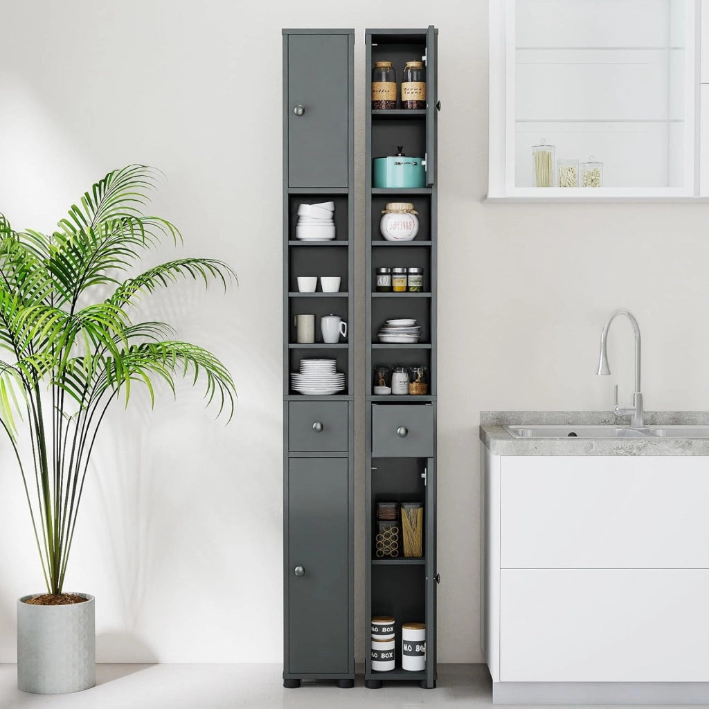Mobile Bagno Alto Stretto, Mobiletto Colonna Salvaspazio con 1 Cassetto, 5 Ripiani Regolabili e Struttura Antiscivolo, Mobile a Terra per Ingresso, 20 x 20 x 180 cm (4 Ripiani, Grigio)