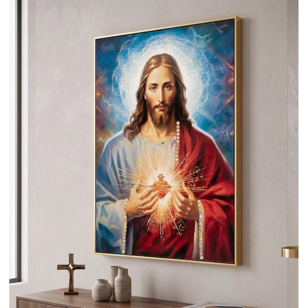 Dipinto su tela Sacro Cuore di Gesu con cornice, 72x102 cm