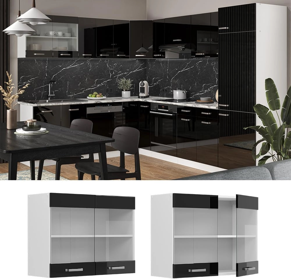 Mobile da cucina in vetro R-Line, Nero lucido, 80 cm, per la libera combinazione all'interno di sistemi cucina modulari