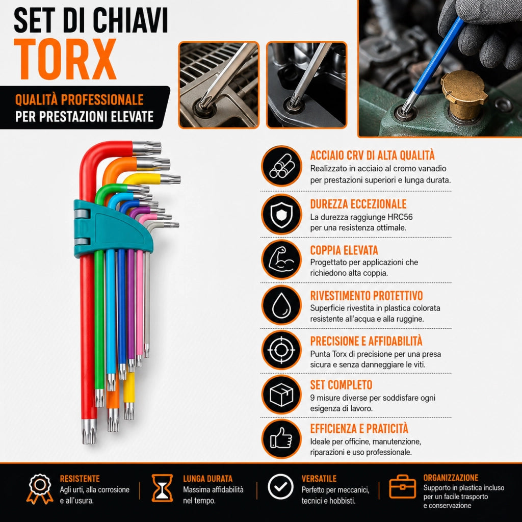 Set 9 Chiavi Torx Ad Elle con Foro Extra Lunghe Colorate Antiscivolo T10-T50