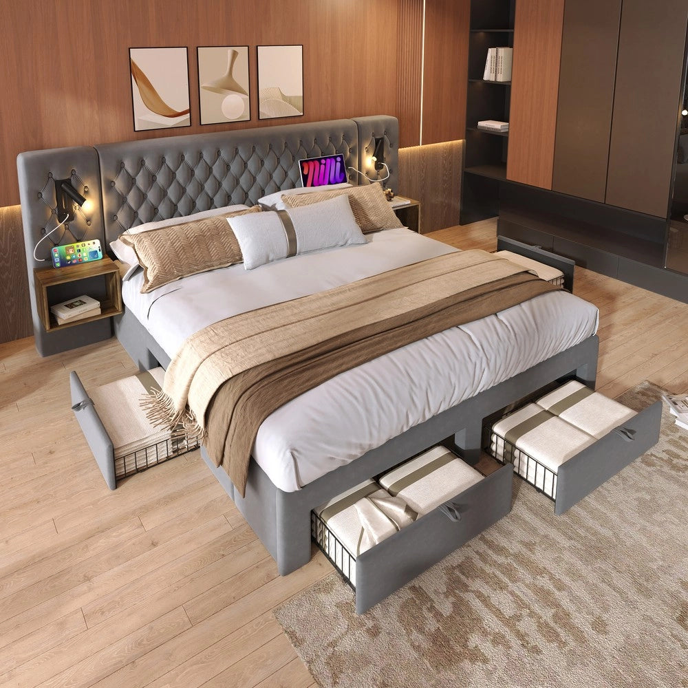 Letto Matrimoniale Imbottito con Comodini e Cassetti ¨C MINIMAL ¨C Grigio Velluto 160x200