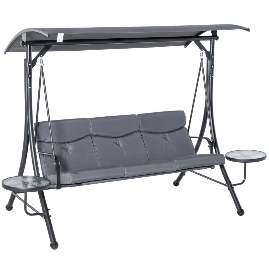 Altalena da giardino 3 posti con tavolino e tettoia regolabile ¨C zephmum ¨C poliestere grigio+nero acciaio 271x125x172 cm
