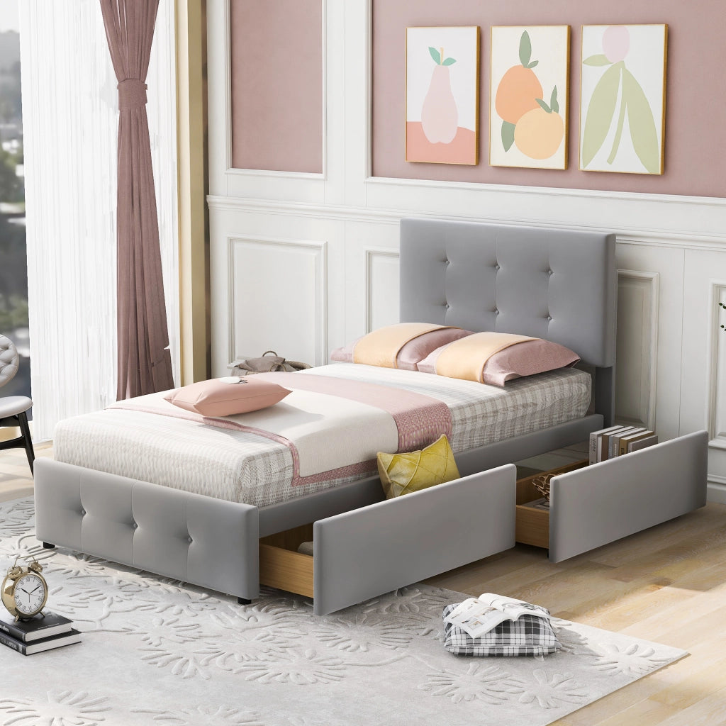 DESMIU Litto simple 90 × 200 cm con cassetto, senza materasso, in velluto, grigio