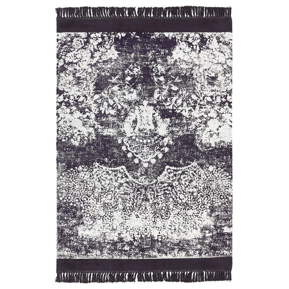 Tappeto vintage in viscosa con frange 160 x 230 cm viola e bianco stile classico e retrò camera da letto soggiorno