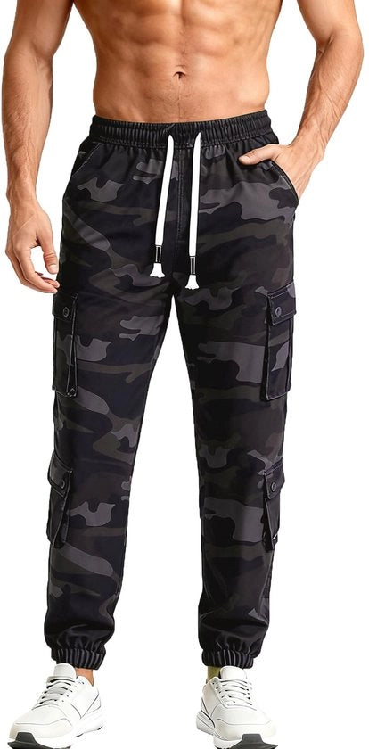 Carriabroek per uomo con cintura elastica, pantalone da lavoro mimetico con 8 tasche, pantalone per tempo libero di cotone misto