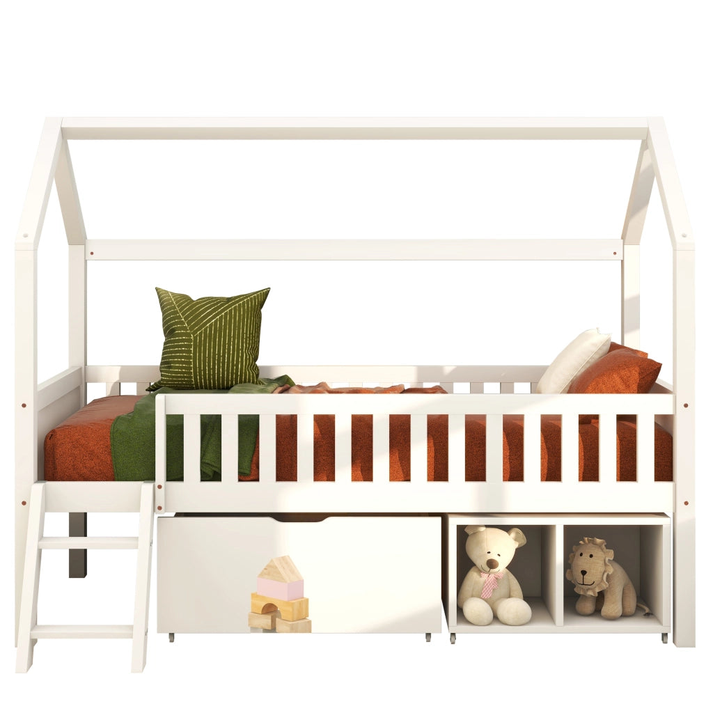Letto a soppalco a forma di casa con scala e cassetti, 90x200 cm