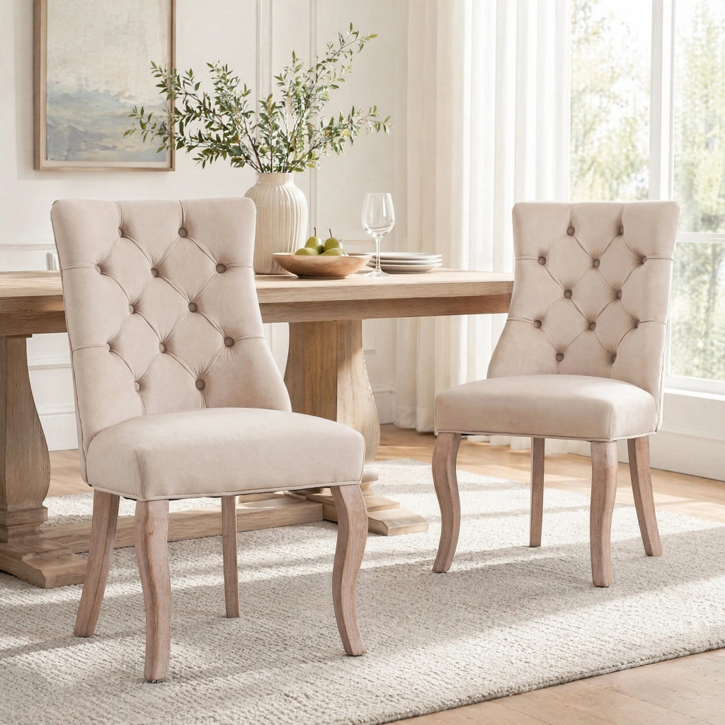 Sedia da pranzo schienale alto con struttura in legno, capitonata, in Velluto, Beige