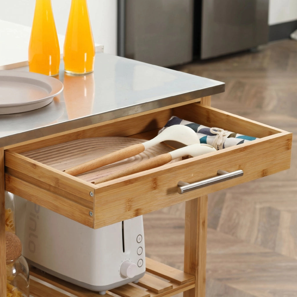 Carrello da Cucina con Piano in Acciaio Inox Cassetto e Mensole a Doghe in Bambù