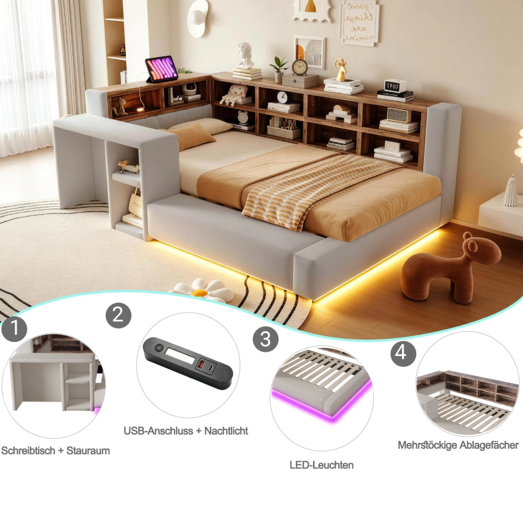 Letto imbottito, 90 x 200 cm, con tavolino, ripiano portaoggetti, illuminazione a LED, presa di ricarica, grigio chiaro