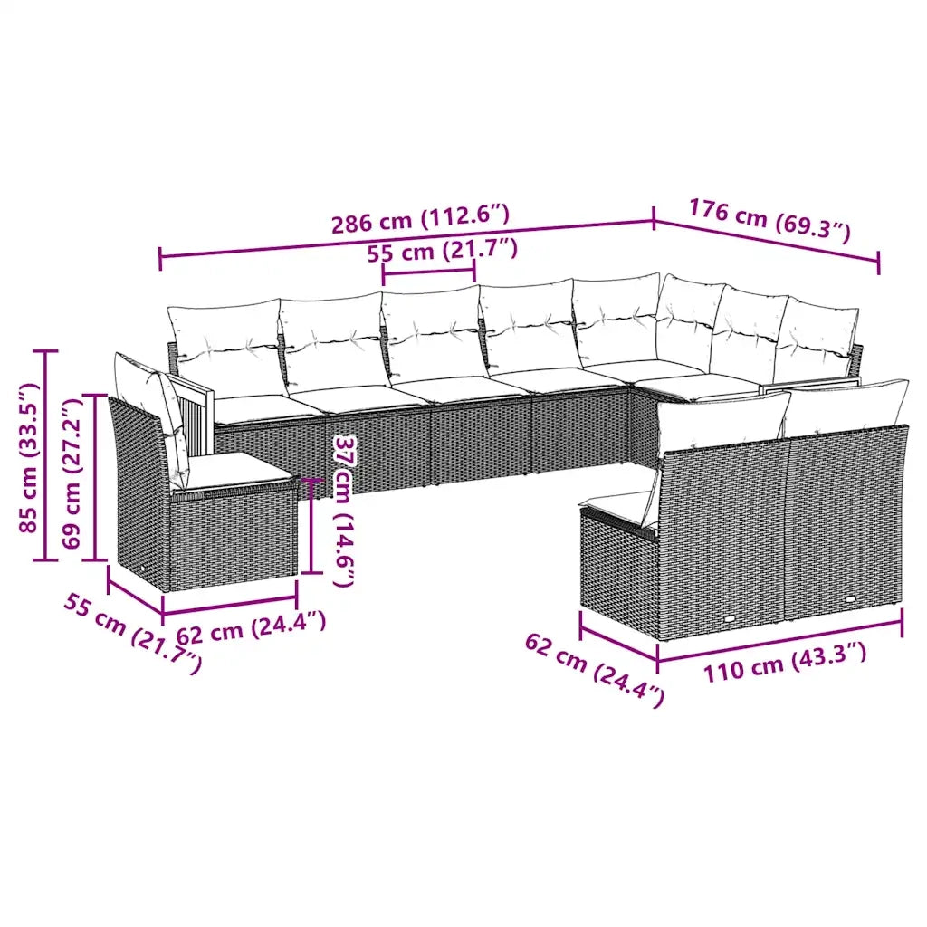 Set Divani da Giardino 10pz con Cuscini in Polyrattan Nero 3260152