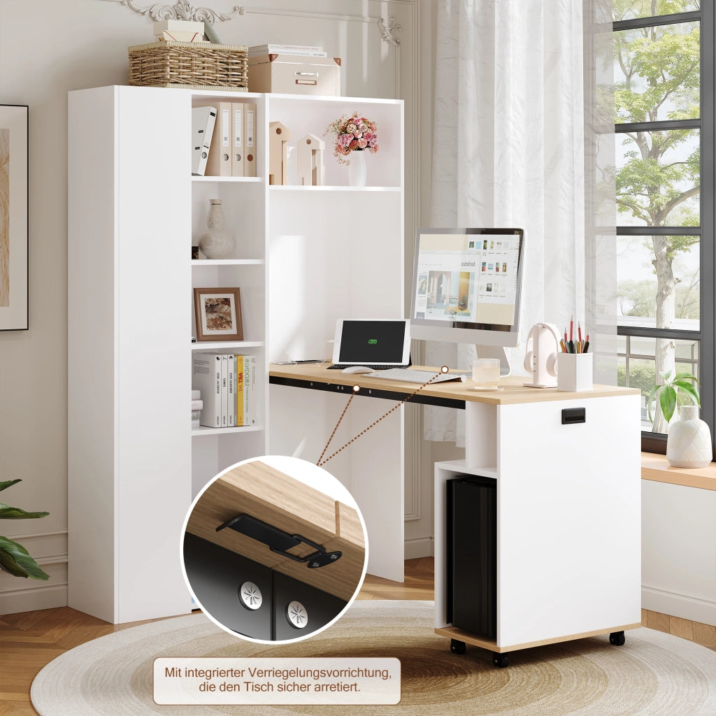 SCRIVANIA pieghevole 104,5x30,5x160 cm bianco MDF con libreria, presa EU e USB