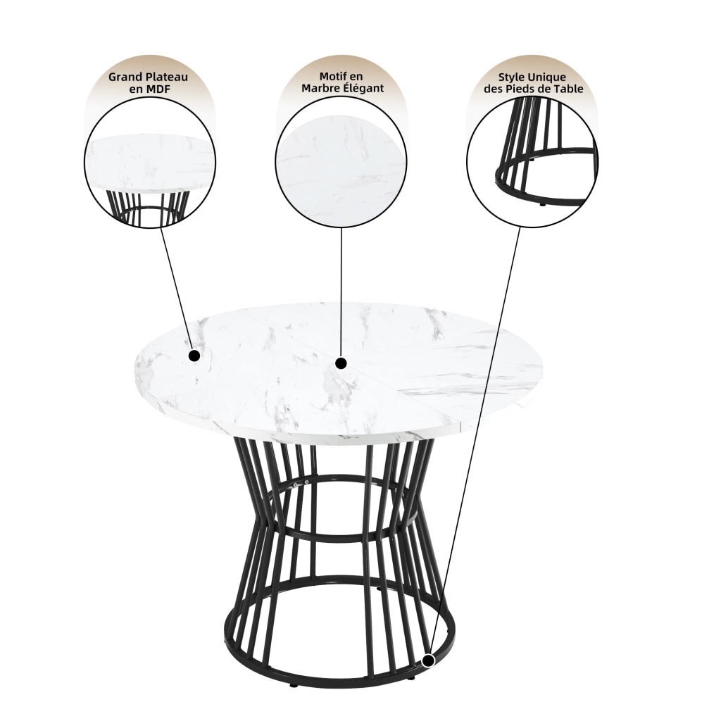 Tavolo da pranzo per 4 persone con 4 sedie, piano rotondo effetto marmo, struttura in metallo, multicolore