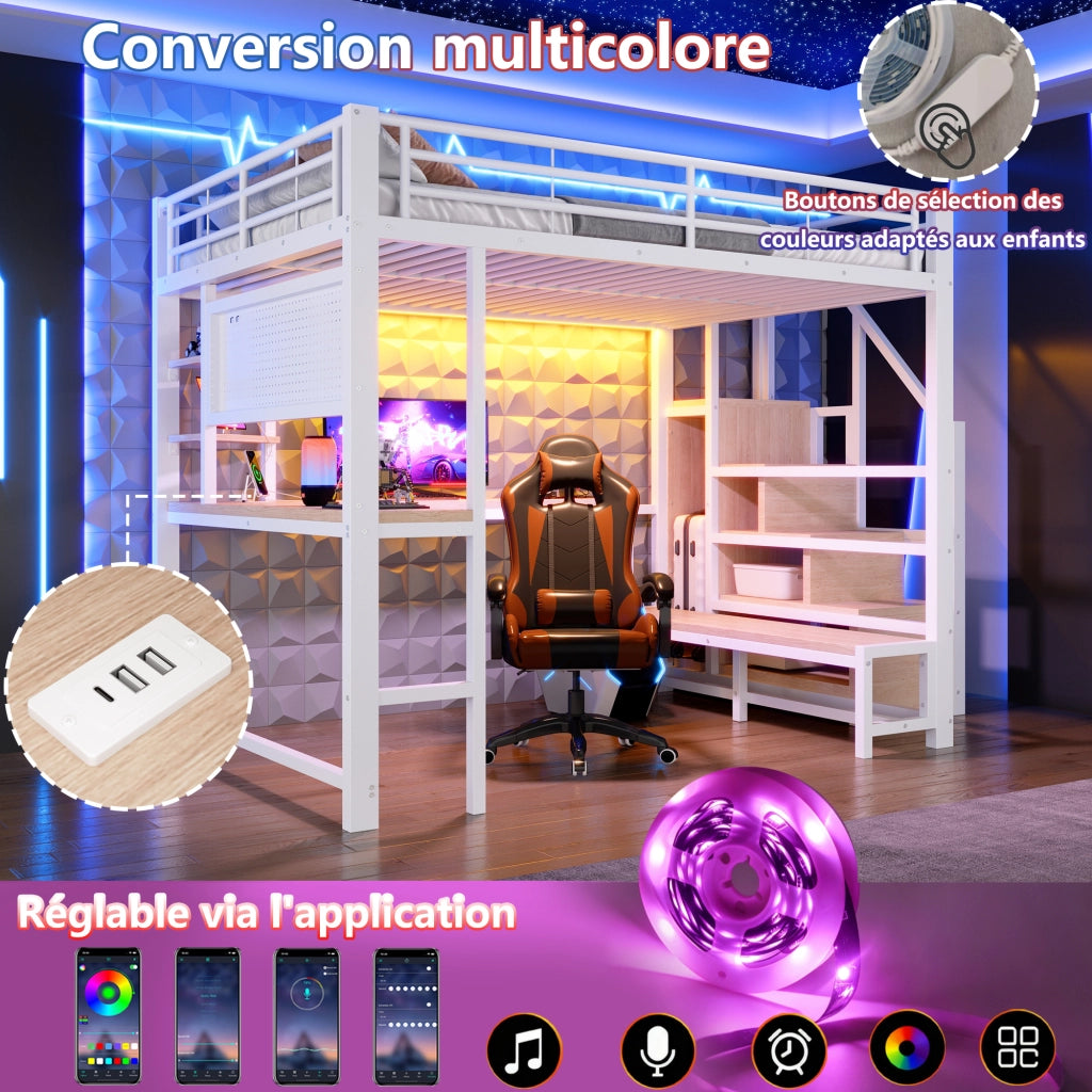 Letto a soppalco in metallo 140x200 cm, letto alto matrimoniale con scrivania, pannello forato, scala contenitore, prese USB/USB-C, ripiani e illuminazione LED, bianco