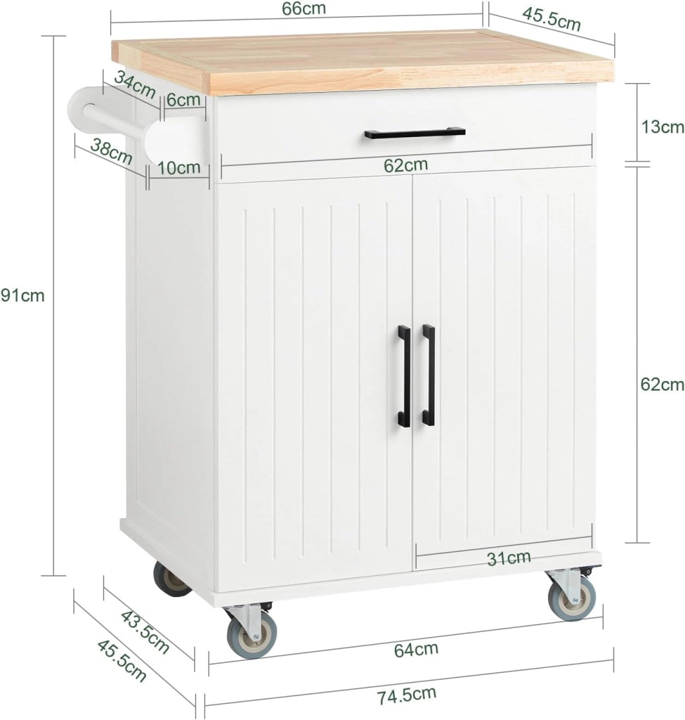 Carrello cucina con ruote, piano in legno di gomma, mobile cucina salvaspazio in MDF, isola cucina moderna – Ideale per cucina, sala da pranzo o ristorazione – 74x91x46 cm, FKW119-WN