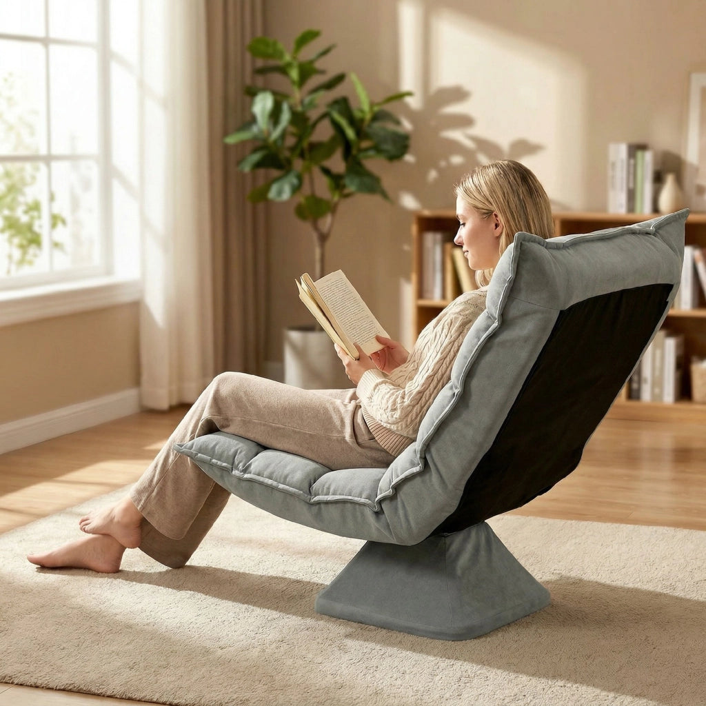 Poltrona Relax Girevole 360° con Schienale Regolabile in 5 Posizioni in Tessuto Effetto Velluto Grigio Chiaro