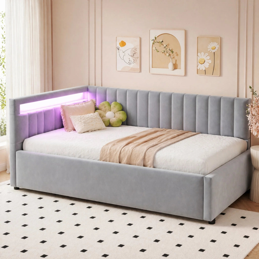 LETTO Contenitore 90x200 cm Grigio in velluto con LED