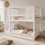 Letto a castello per bambini 90x200 cm con scala a cassetti e cassetti sottletto; bianco